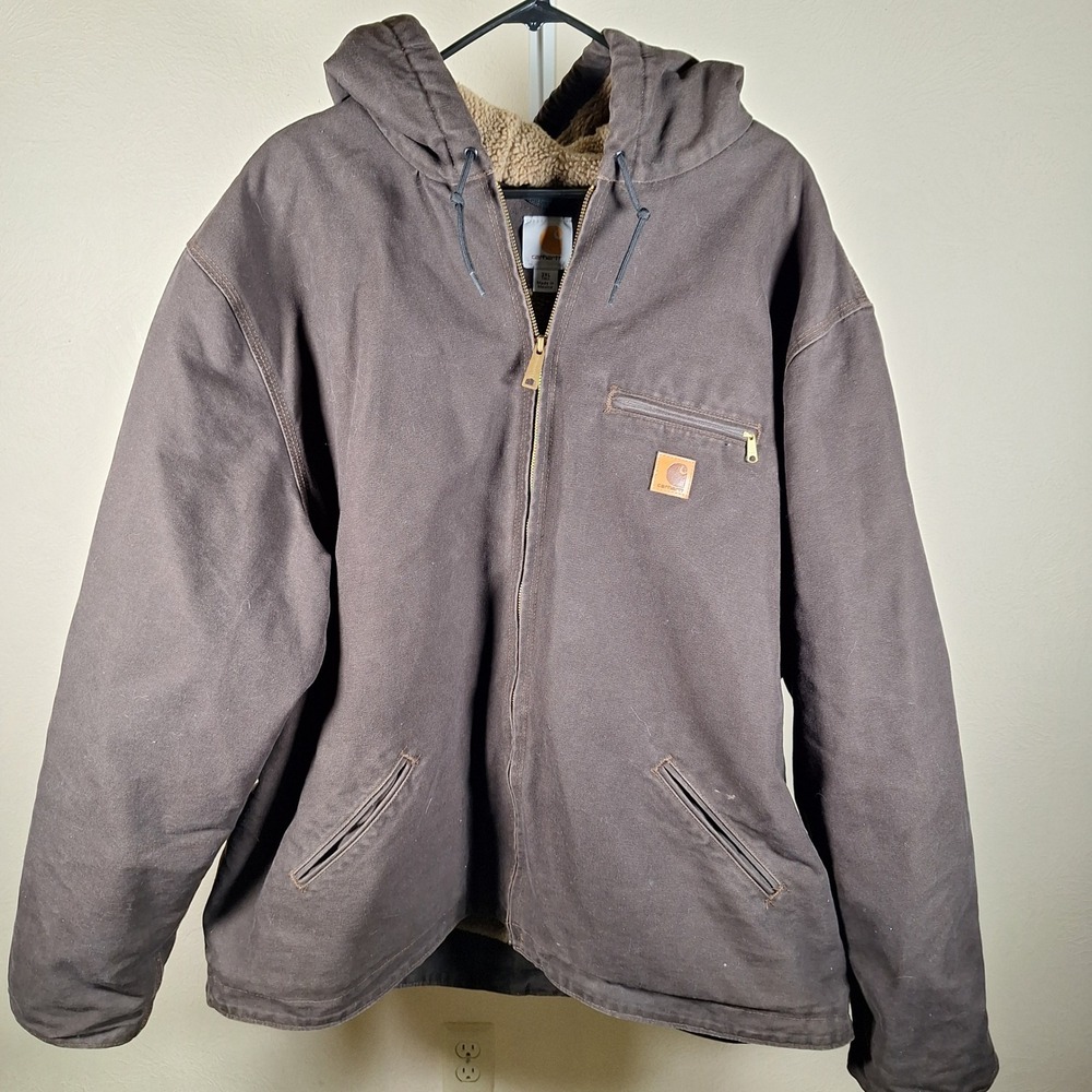 Carhartt 3XLT Chocolate Brown Sherpa Lined Canvas Jacket Hood Mens J141